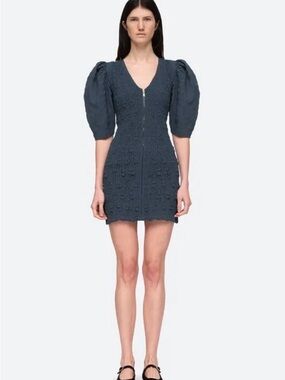 Sea Puff-Sleeve Textured Mini Dress in Slate Blue